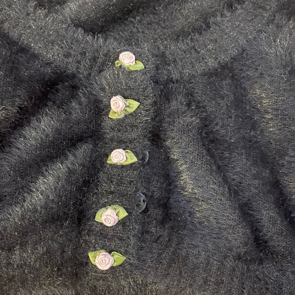 For Love and Lemons black fluffy cropped Anastasia cardigan w/pink rose details - Picture 6 of 8
